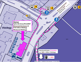 Plan mit Zufahrt zum Besucherparkplatz Restaurant Waldegg in Uitikon